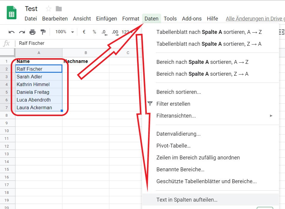 Google Tabellen - Text in Spalten aufteilen