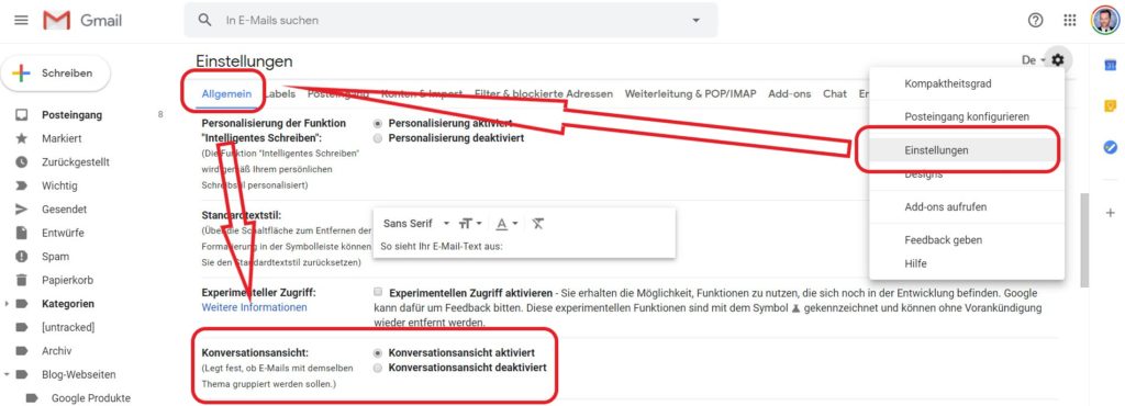 Konversationsansicht in Gmail ausschalten