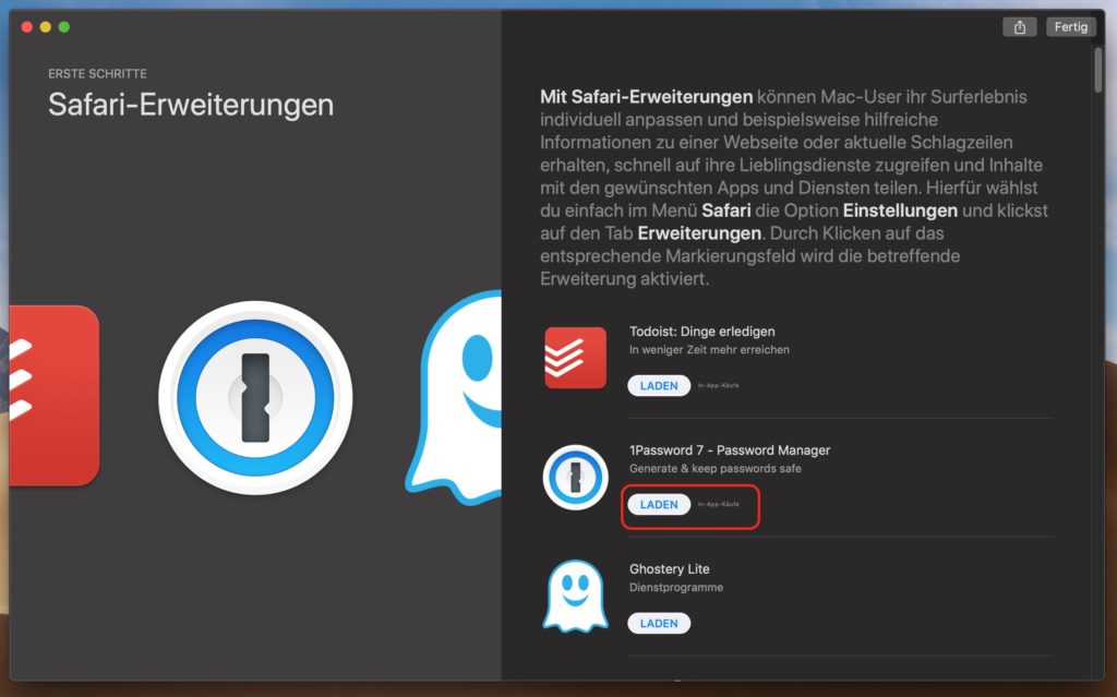 Safari Addons auswählen