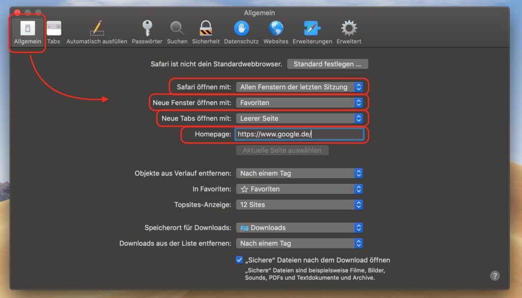 Safari Startseite ändern