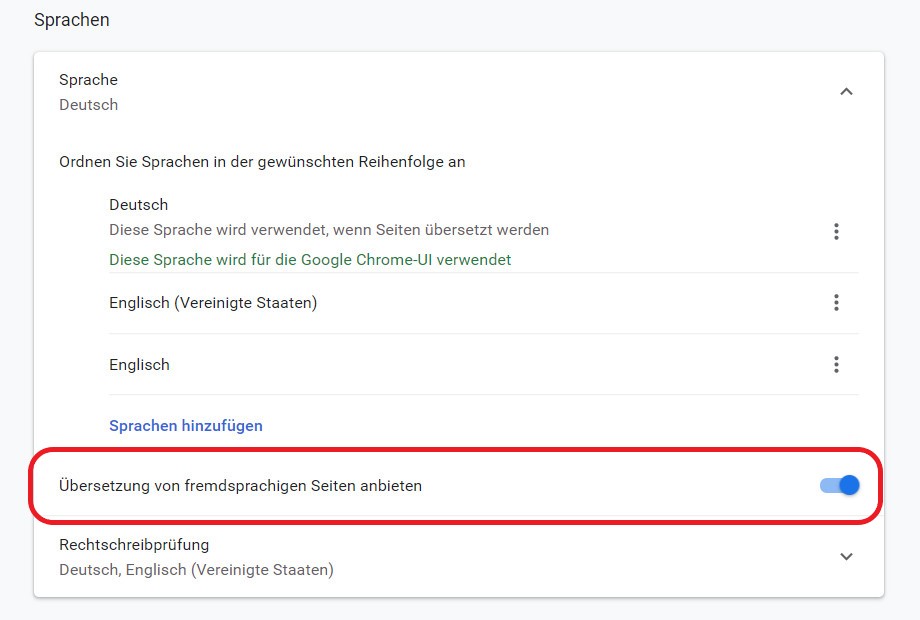 Chrome Übersetzung einschalten