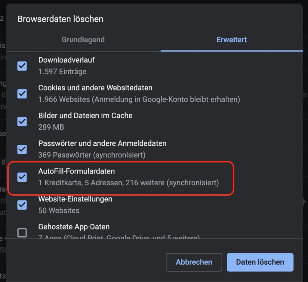 Google Chrome AutoFill Formulardaten löschen
