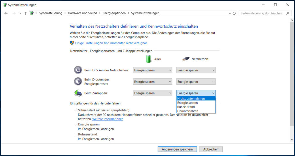 Einstellungen beim Zuklappen des Notebooks nicht herunterfahren