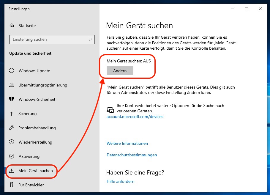 Mein Gerät suchen für Windows 10 einschalten