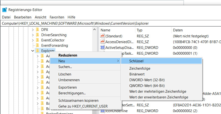 Windows 10 Registrierung Schlüssel erstellen