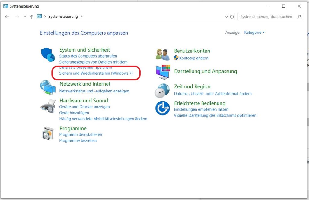 Windows 10 Systemsteuerung - Sichern und Wiederherstellen