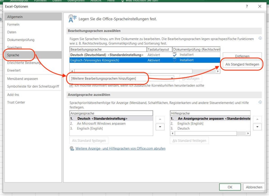 Bearbeitungssprache in Excel ändern