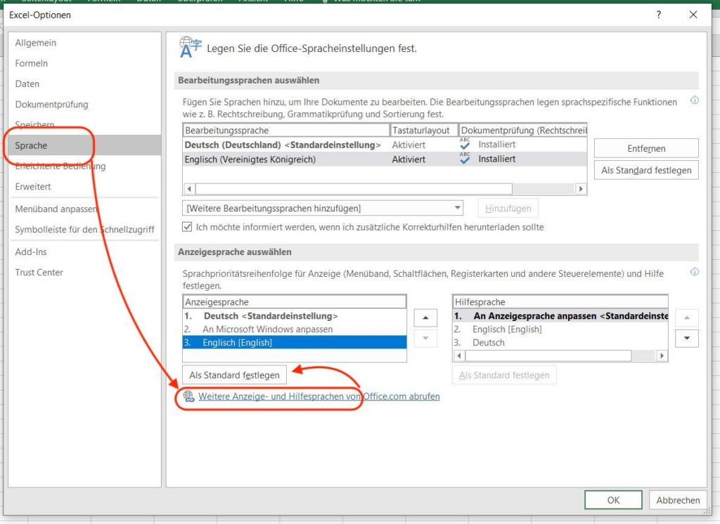 Angezeigte Sprache in Excel ändern