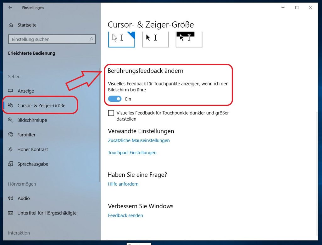 Windows 10 Einstellungen für Curser Feedback