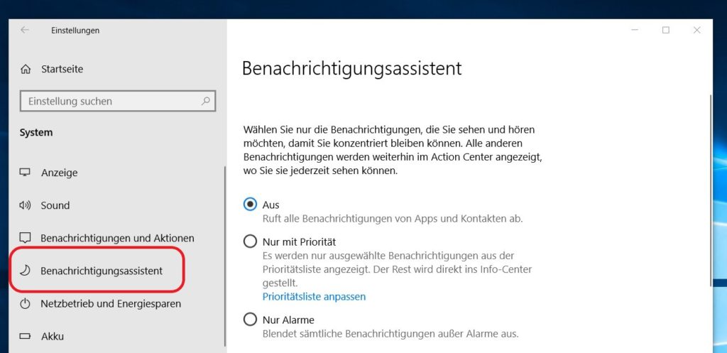 Windows 10 Einstellungen Benachrichtigungsassistent