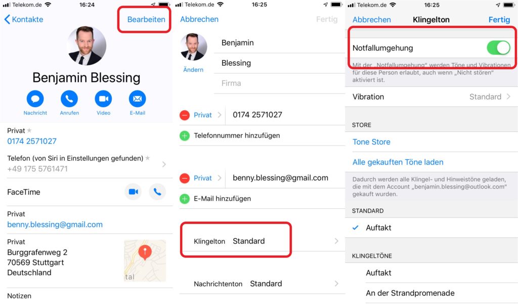Kontakte für Notfallumgehung freischalten