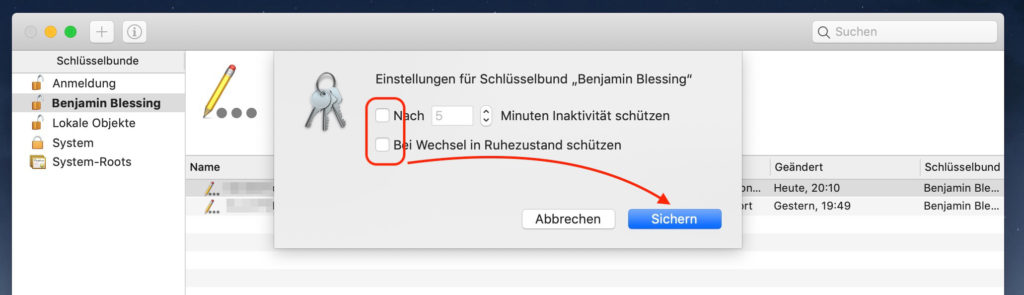 Mac Einstellungen für Schlüsselbund ändern