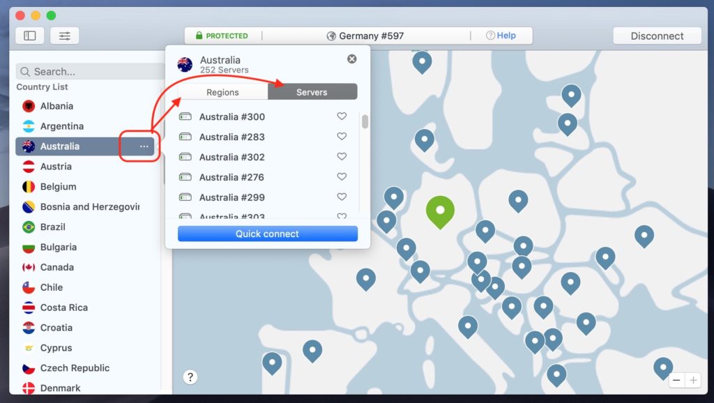 NordVPN Server Auswahl