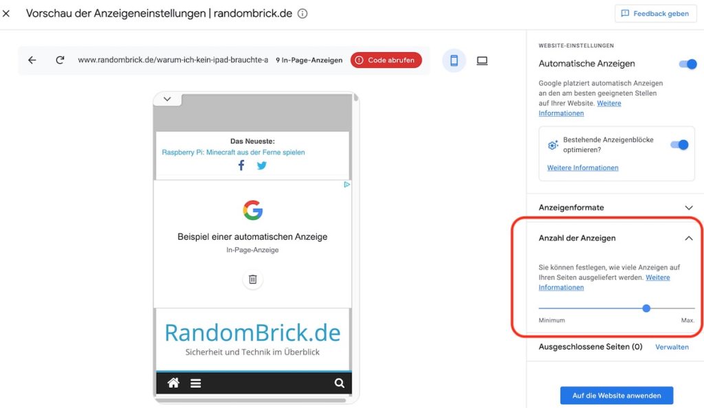 Adsense Anzahl Anzeigen reduzieren